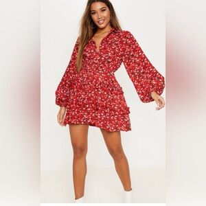 Red Floral Printed Frill Skater
Shirt Dress